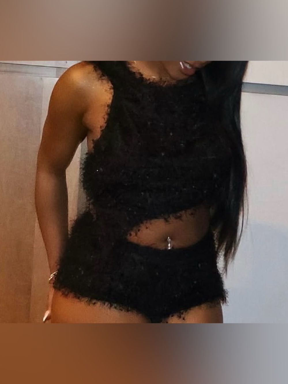 Black Fuzzy Two-Piece Crop Top and Shorts Set